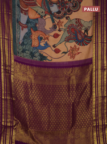 Pure kanchipuram silk saree sandal and purple with allover penkalamkari prints and rich zari woven border