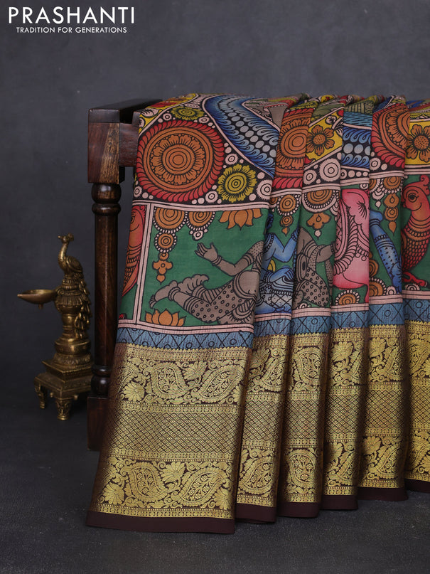 Pure kanchipuram silk saree multi colour and coffee brown with allover penkalamkari prints and rich zari woven border