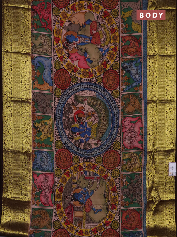Pure kanchipuram silk saree multi colour and coffee brown with allover penkalamkari prints and rich zari woven border