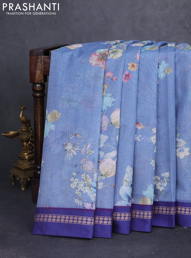 Kota silk cotton saree pastel blue and blue with allover floral digital prints and thread woven border