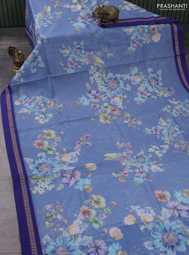 Kota silk cotton saree pastel blue and blue with allover floral digital prints and thread woven border