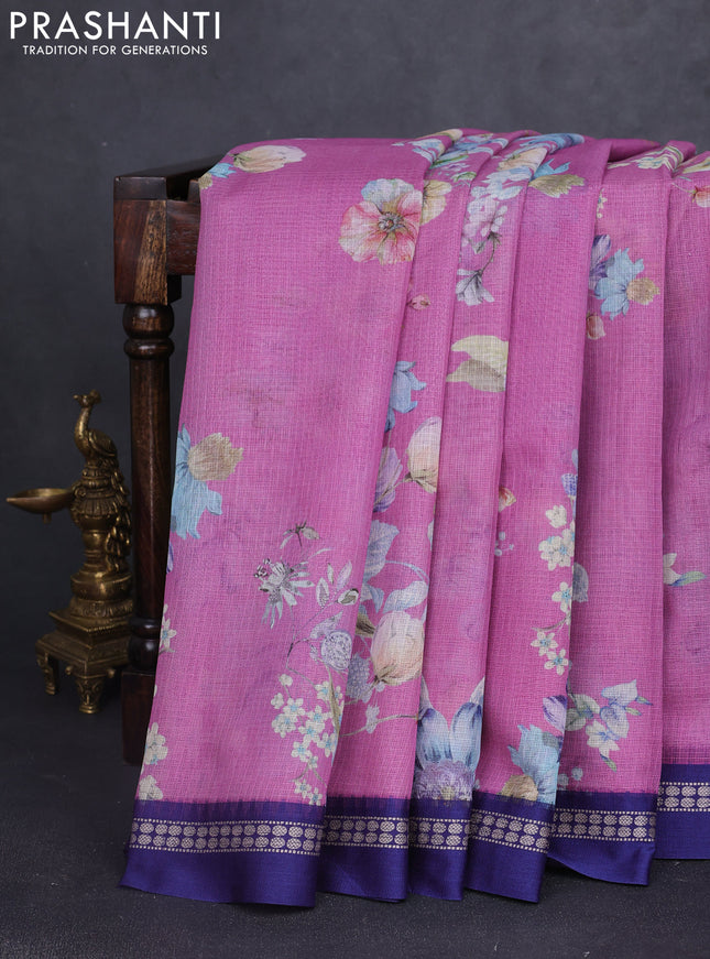 Kota silk cotton saree mauve pink and blue with allover floral digital prints and thread woven border