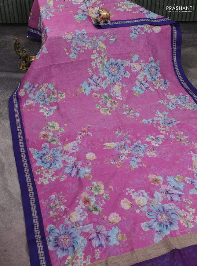 Kota silk cotton saree mauve pink and blue with allover floral digital prints and thread woven border