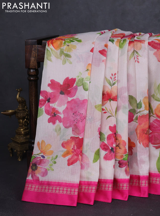 Kota silk cotton saree cream and pink with allover floral digital prints and thread woven border