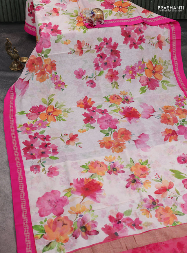 Kota silk cotton saree cream and pink with allover floral digital prints and thread woven border