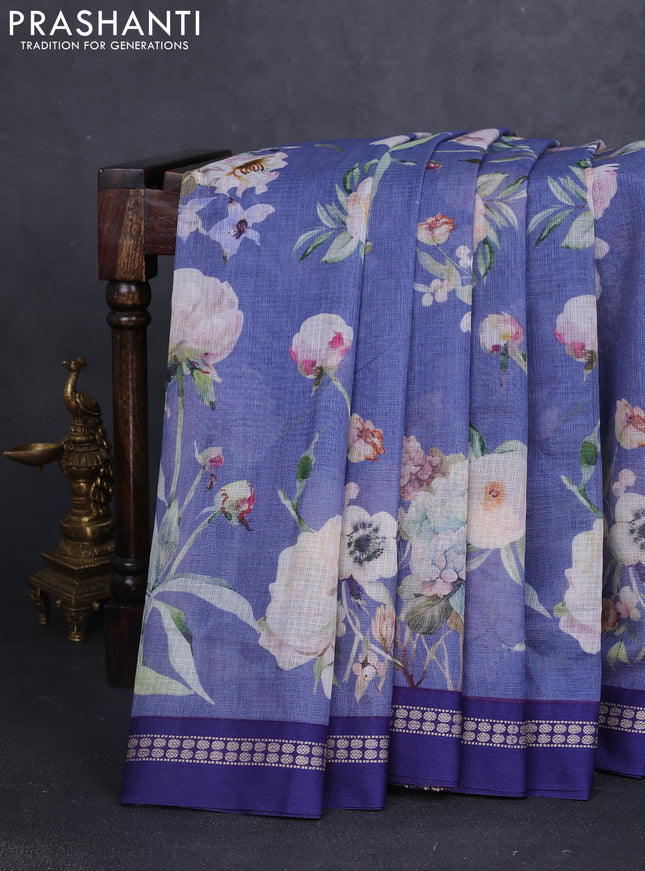 Kota silk cotton saree blue shade and blue with allover floral digital prints and thread woven border