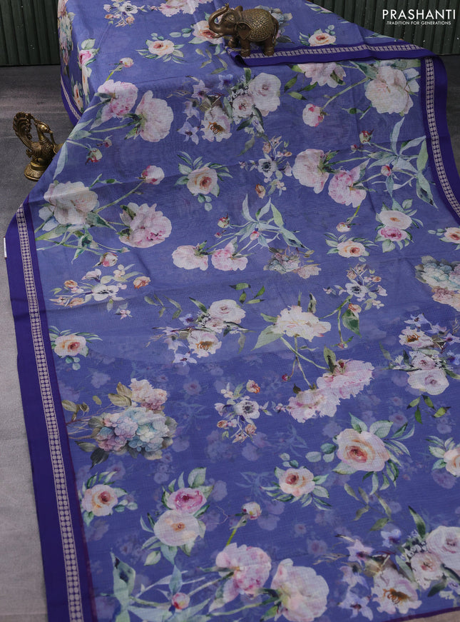 Kota silk cotton saree blue shade and blue with allover floral digital prints and thread woven border