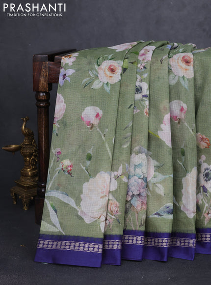 Kota silk cotton saree pastel green shade and blue with allover floral digital prints and thread woven border