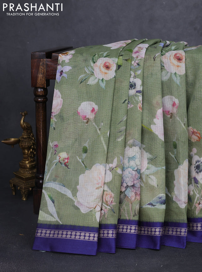 Kota silk cotton saree pastel green shade and blue with allover floral digital prints and thread woven border