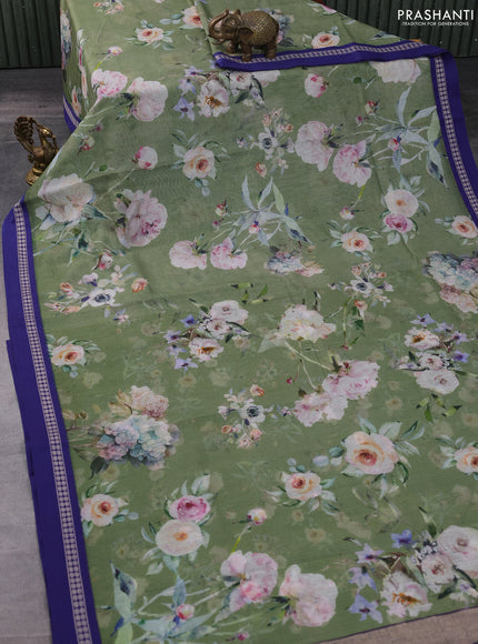 Kota silk cotton saree pastel green shade and blue with allover floral digital prints and thread woven border