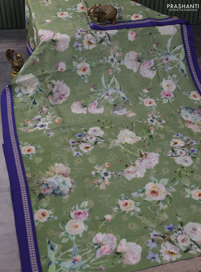 Kota silk cotton saree pastel green shade and blue with allover floral digital prints and thread woven border