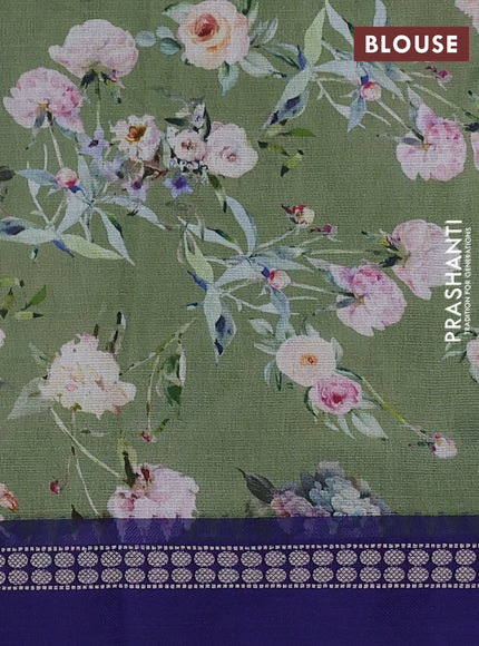 Kota silk cotton saree pastel green shade and blue with allover floral digital prints and thread woven border