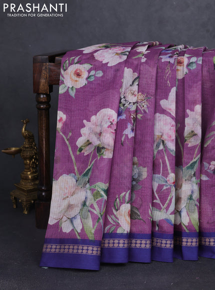 Kota silk cotton saree purple shade and blue with allover floral digital prints and thread woven border