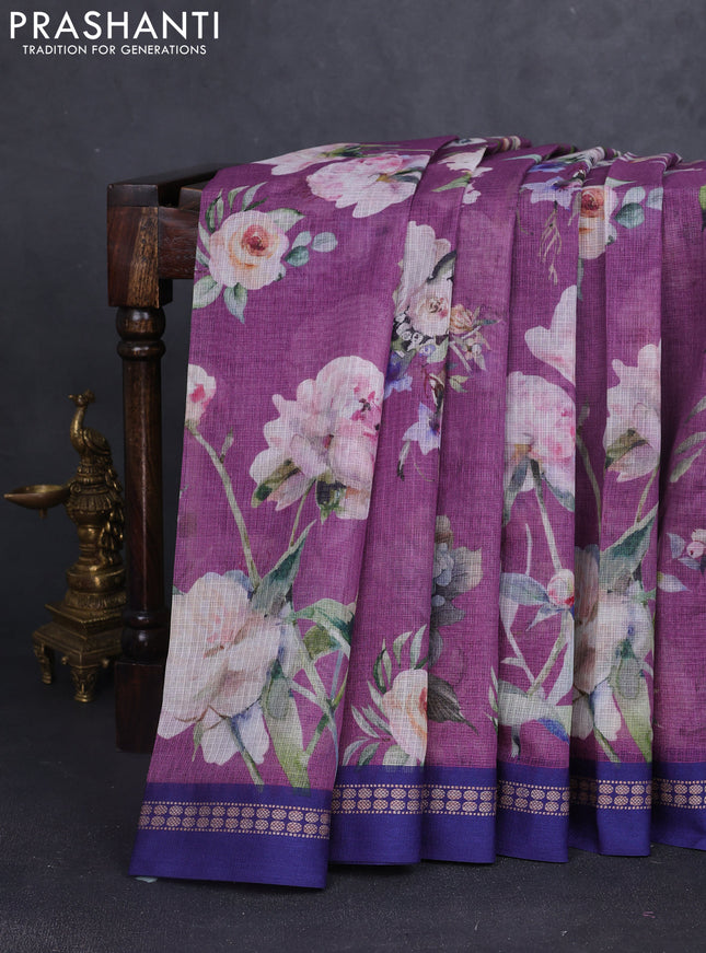 Kota silk cotton saree purple shade and blue with allover floral digital prints and thread woven border