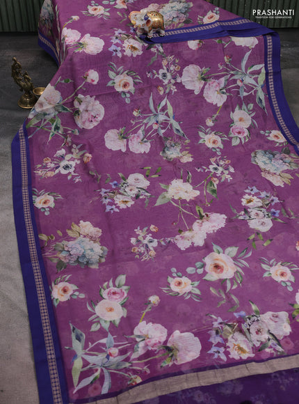 Kota silk cotton saree purple shade and blue with allover floral digital prints and thread woven border