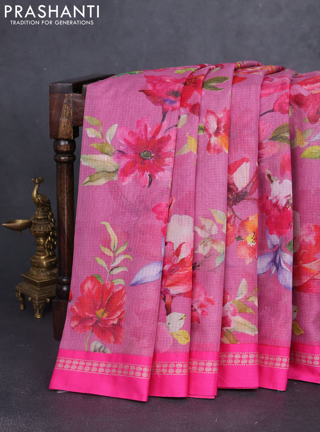 Kota silk cotton saree pink shade and pink with allover floral digital prints and thread woven border