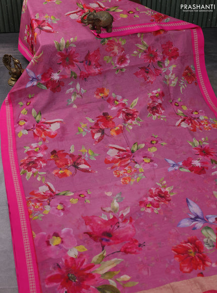 Kota silk cotton saree pink shade and pink with allover floral digital prints and thread woven border