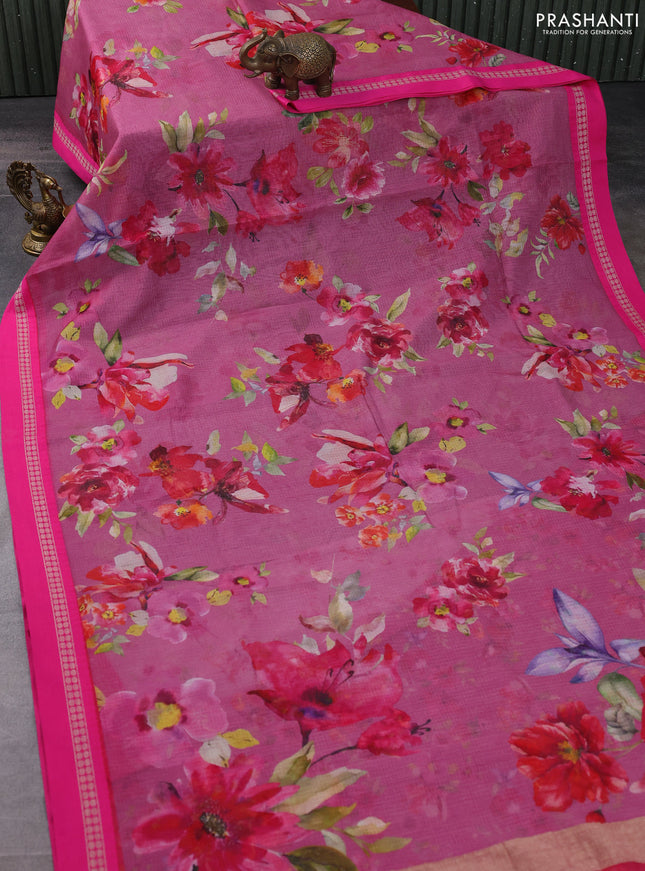 Kota silk cotton saree pink shade and pink with allover floral digital prints and thread woven border