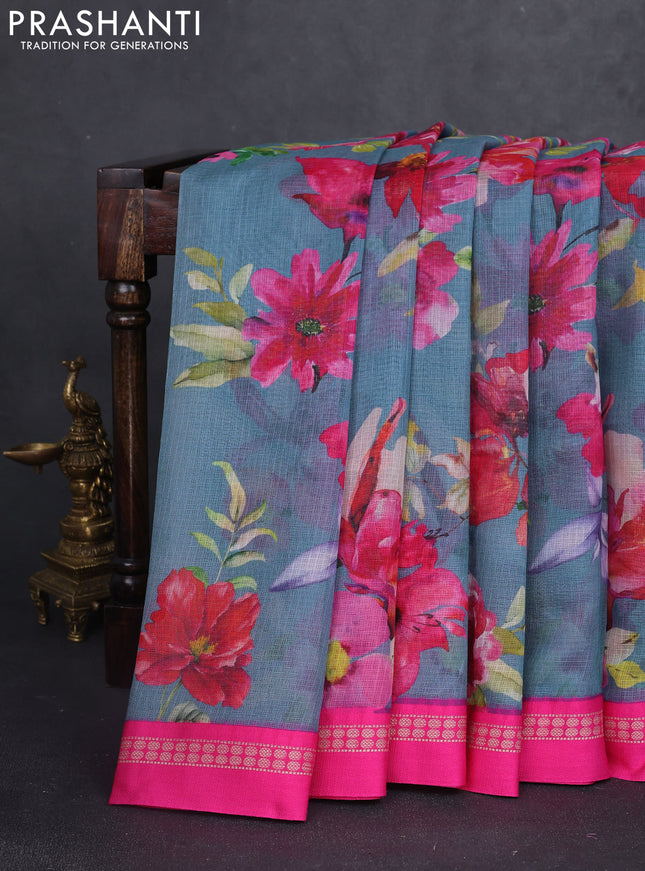 Kota silk cotton saree blue shade and pink with allover floral digital prints and thread woven border