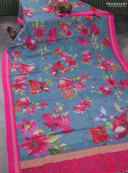 Kota silk cotton saree blue shade and pink with allover floral digital prints and thread woven border