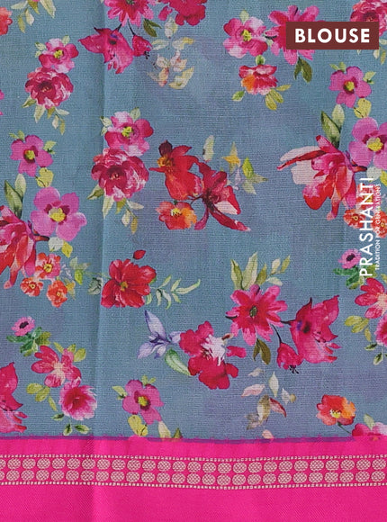Kota silk cotton saree blue shade and pink with allover floral digital prints and thread woven border