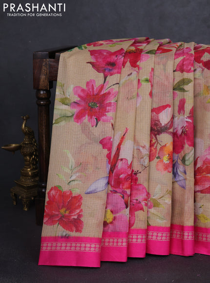 Kota silk cotton saree sandal and pink with allover floral digital prints and thread woven border