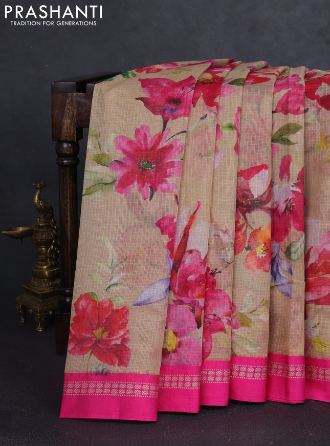 Kota silk cotton saree sandal and pink with allover floral digital prints and thread woven border