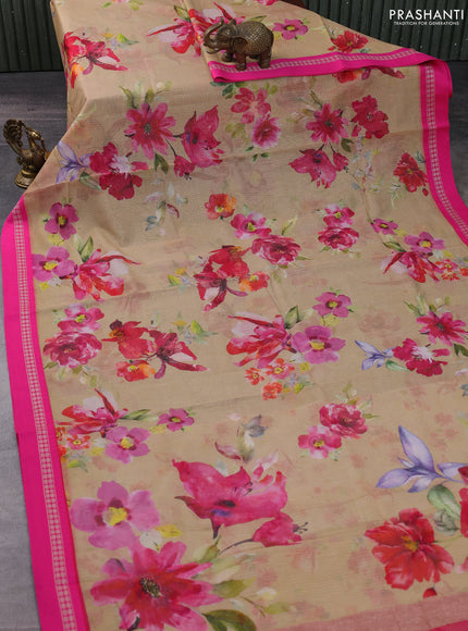 Kota silk cotton saree sandal and pink with allover floral digital prints and thread woven border
