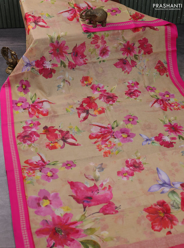 Kota silk cotton saree sandal and pink with allover floral digital prints and thread woven border