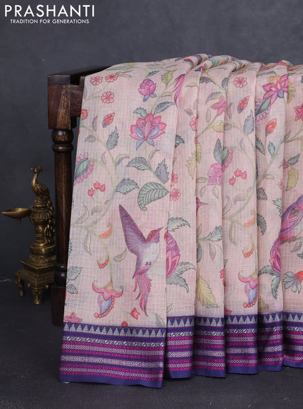 Kota silk cotton saree pastel peach and dark blue with allover digital prints and thread woven border
