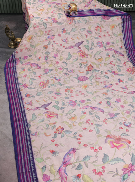 Kota silk cotton saree pastel peach and dark blue with allover digital prints and thread woven border