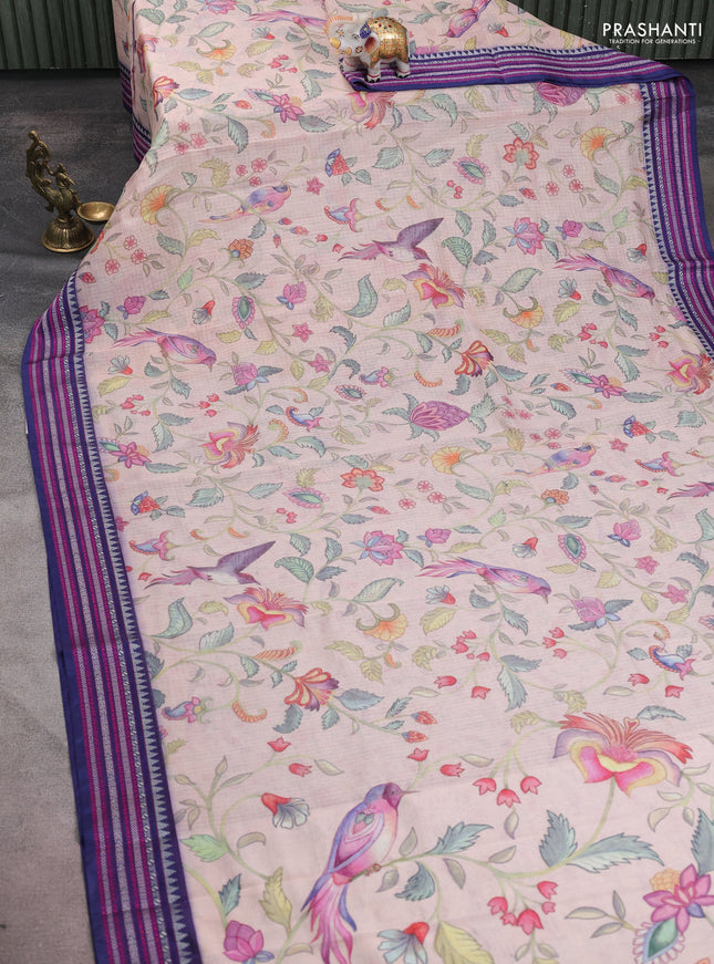 Kota silk cotton saree pastel peach and dark blue with allover digital prints and thread woven border