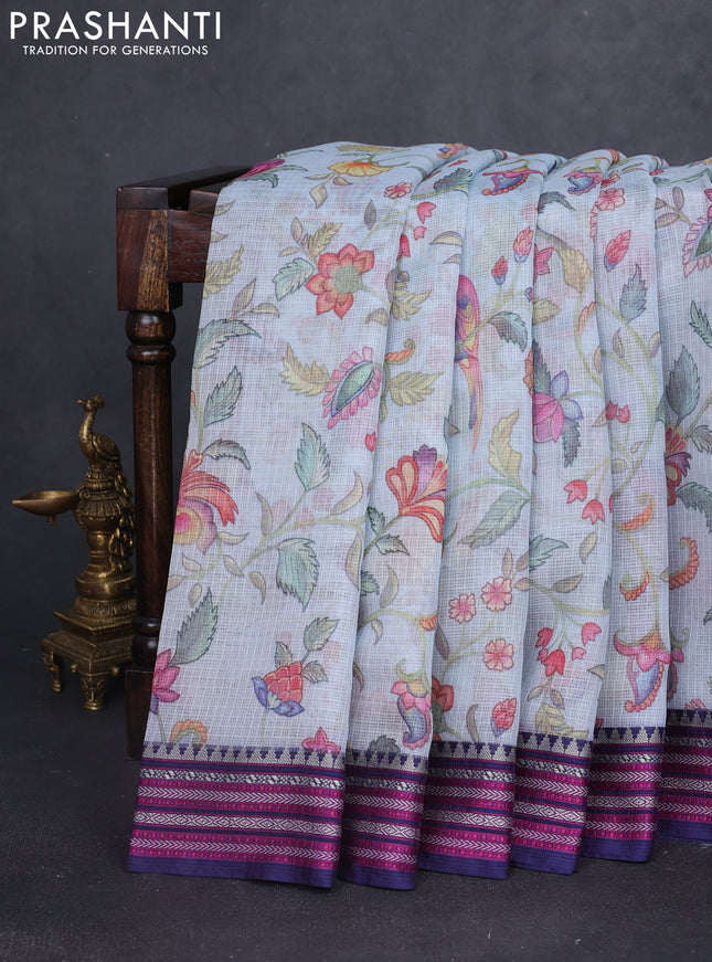 Kota silk cotton saree teal blue and navy blue with allover digital prints and thread woven border