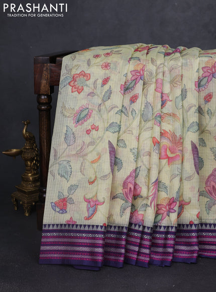 Kota silk cotton saree lime yellow and navy blue with allover digital prints and thread woven border
