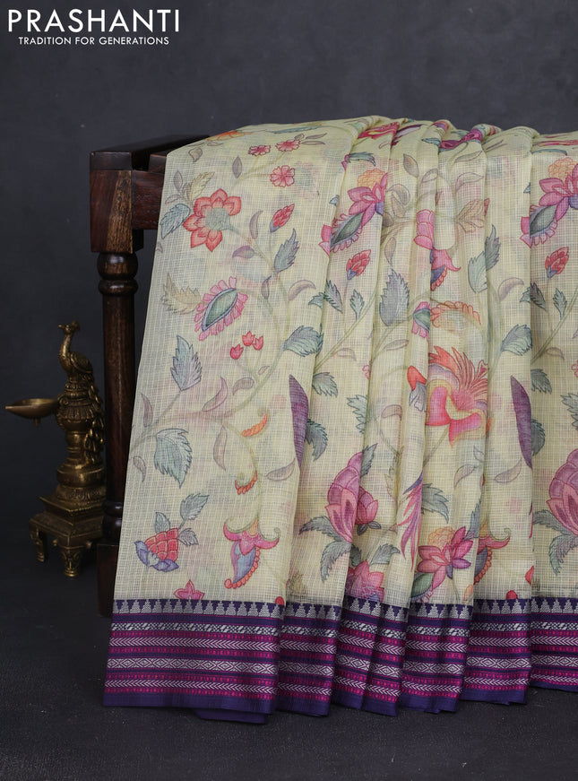 Kota silk cotton saree lime yellow and navy blue with allover digital prints and thread woven border