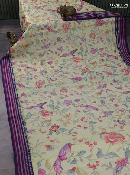 Kota silk cotton saree lime yellow and navy blue with allover digital prints and thread woven border
