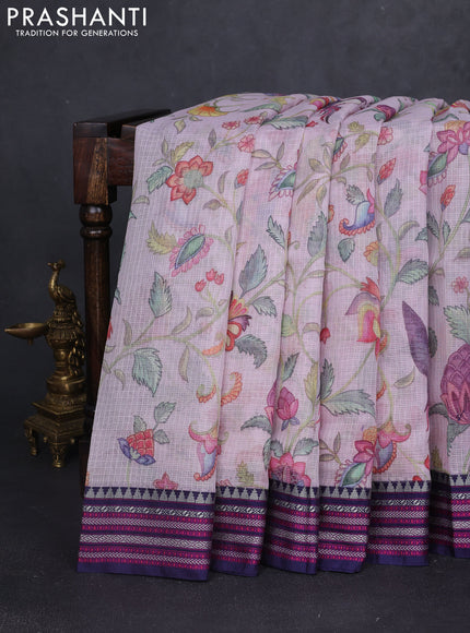 Kota silk cotton saree baby pink and navy blue with allover digital prints and thread woven border