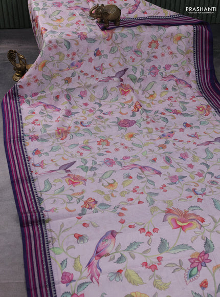 Kota silk cotton saree baby pink and navy blue with allover digital prints and thread woven border