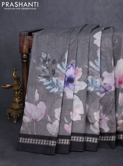 Kota silk cotton saree grey and black with allover floral digital prints and thread woven border