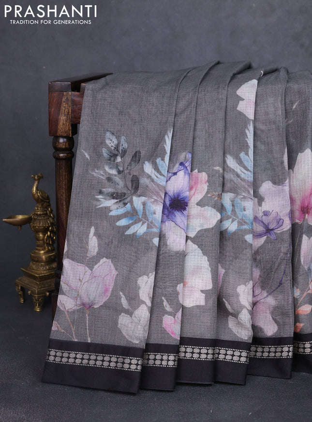 Kota silk cotton saree grey and black with allover floral digital prints and thread woven border