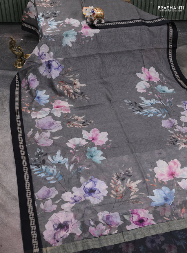 Kota silk cotton saree grey and black with allover floral digital prints and thread woven border