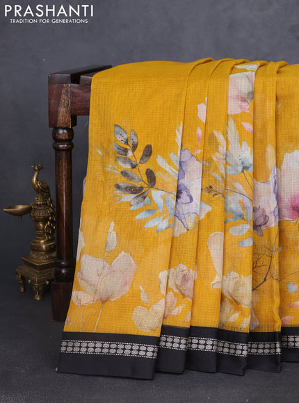 Kota silk cotton saree mustard yellow and black with allover floral digital prints and thread woven border
