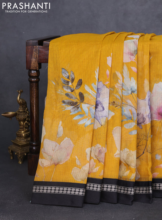 Kota silk cotton saree mustard yellow and black with allover floral digital prints and thread woven border