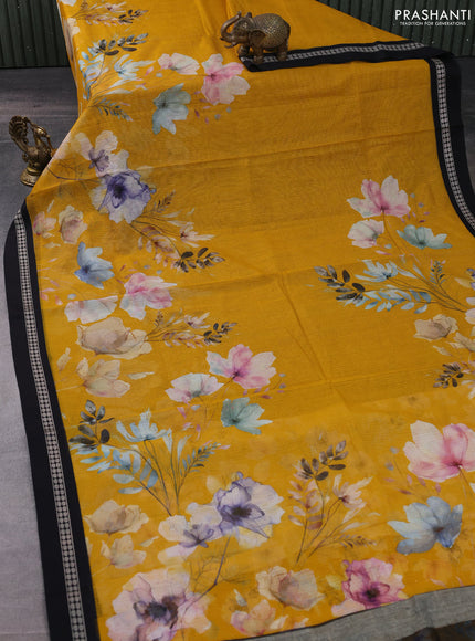 Kota silk cotton saree mustard yellow and black with allover floral digital prints and thread woven border