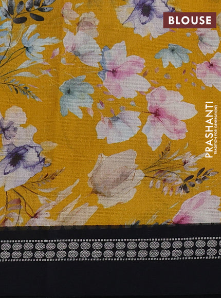 Kota silk cotton saree mustard yellow and black with allover floral digital prints and thread woven border