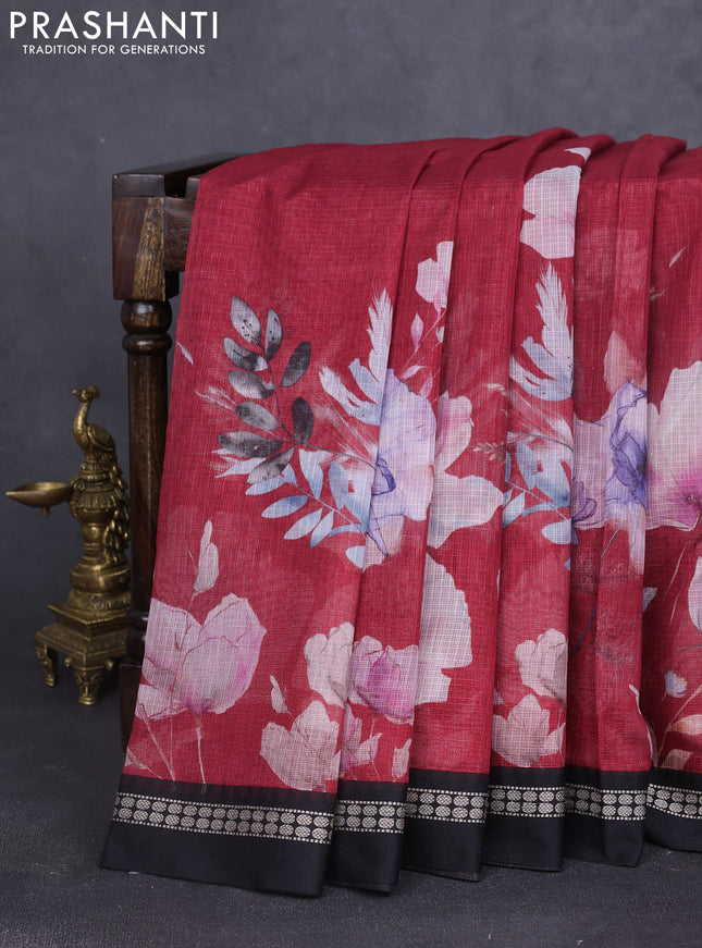 Kota silk cotton saree maroon and black with allover floral digital prints and thread woven border