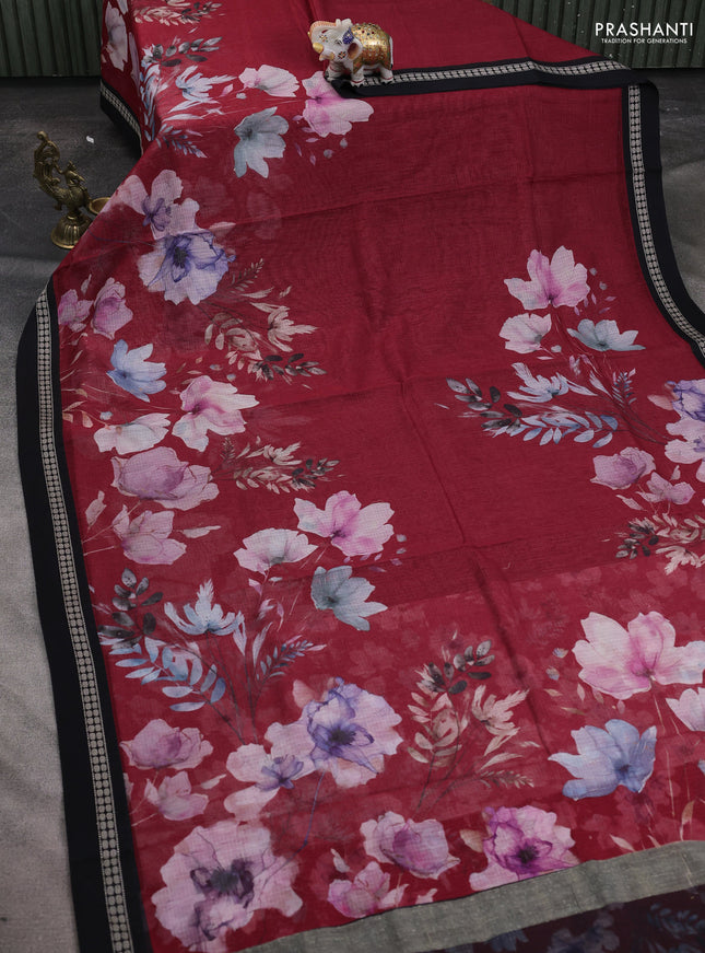 Kota silk cotton saree maroon and black with allover floral digital prints and thread woven border