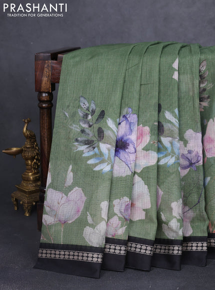 Kota silk cotton saree sap green and black with allover floral digital prints and thread woven border