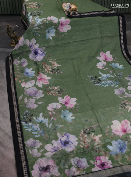 Kota silk cotton saree sap green and black with allover floral digital prints and thread woven border