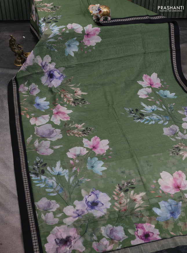 Kota silk cotton saree sap green and black with allover floral digital prints and thread woven border